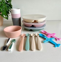 Baby Plates Cups Spoons Silicone Feeding Bundle