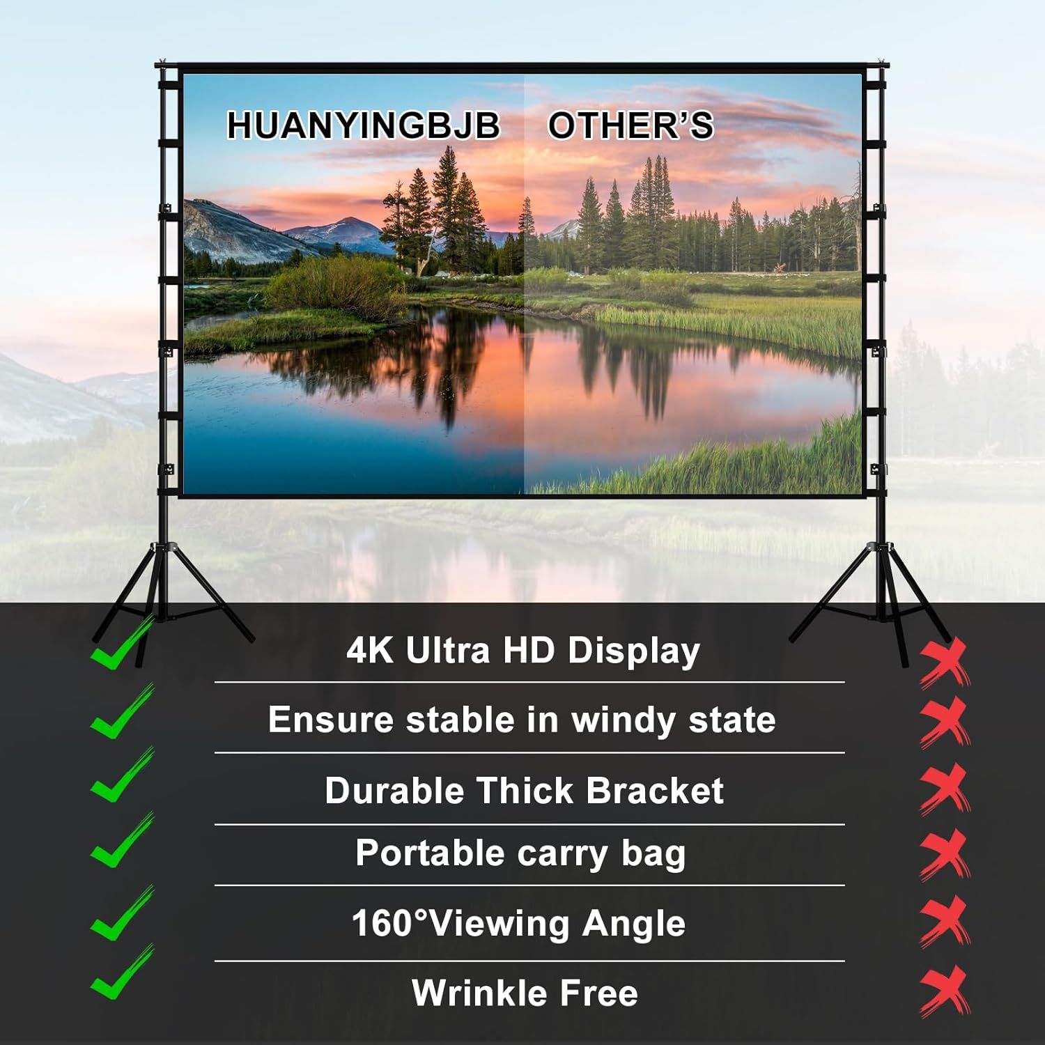 180 inch Projector Screen with Stand,HUANYINGBJB Outside Projection Screen, Portable 16:9 4K HD Rear Front Movie Screen with Carry Bag for Theater Bac