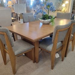 Mid-Century Modern Natural Dining Table + 6 Side Chairs