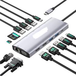 Docking Station Dual Monitors for Windows Laptop, 13-in-1 USB C Docking Station with Dual HDMI 4K 60Hz, 1 VGA, 5 USB-A, 100W PD, Ethernet, SD/TF, USB 