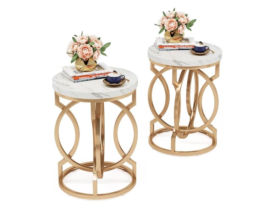 Set of 2Round End Multifunctional Accent Table Small Side Table for Living Room, White Gold with Faux Marble Top, 19.7"W x 19.7"D x 25.6"H
