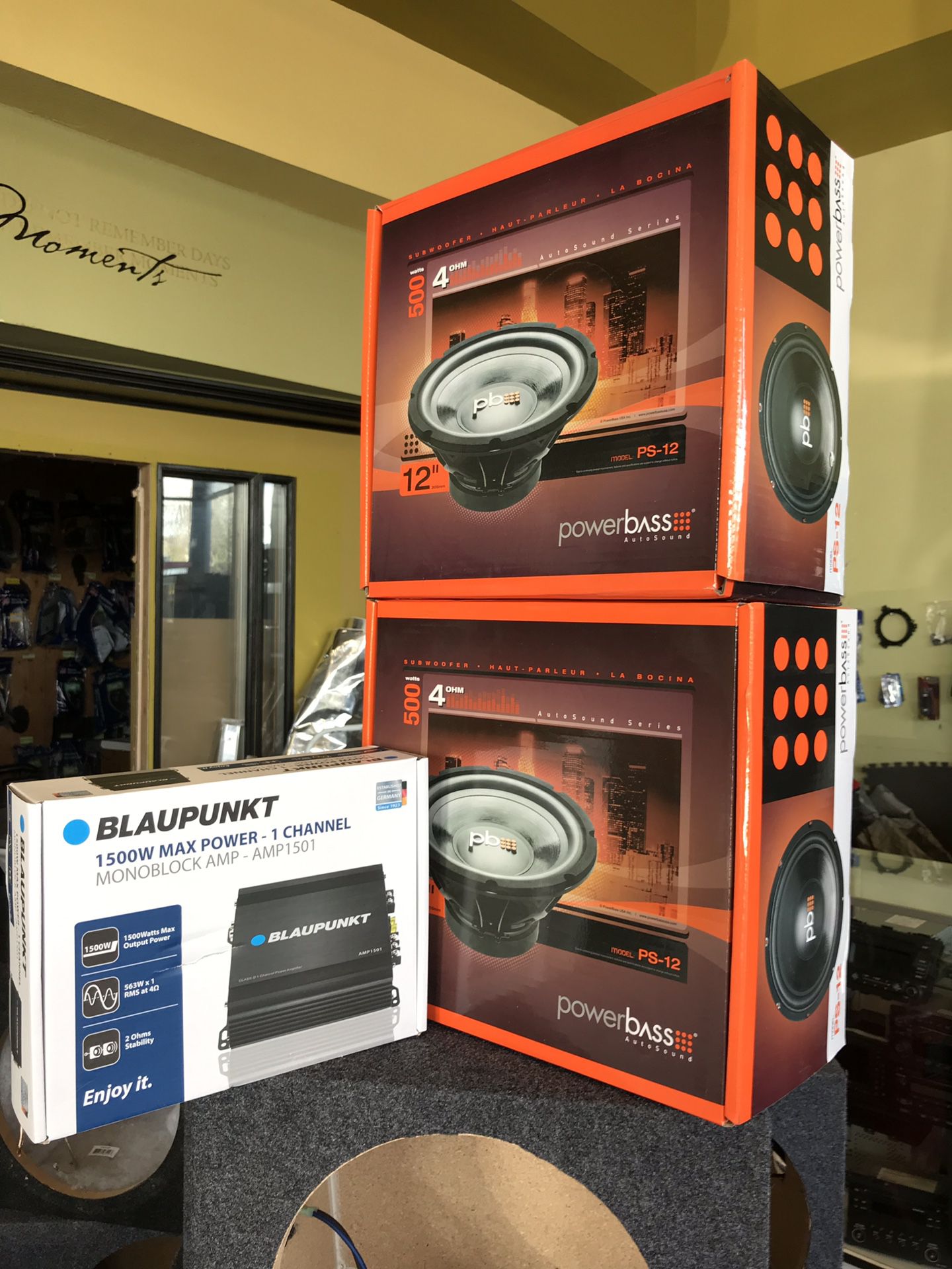 Car audio bundle deal 2 12” subwoofer. With 1500w amplifier finance available 100 days to pay no interest