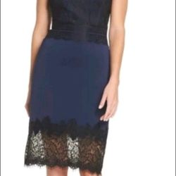 Tadashi Shoji Cocktail Dress Size 12 Neoprene Stretch Scuba Blue Black Lace Trim


Excellent condition, no flaws

Size 12, but it looks like it runs s