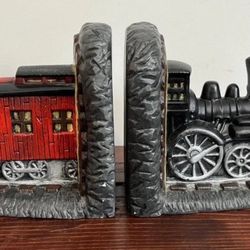 Train Caboose Locomotive Bookend Book End Ceramic 3D Hand Painted Set Vintage
