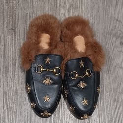 Gucci Princetown Bee Star Black Leather Shearling Loafers