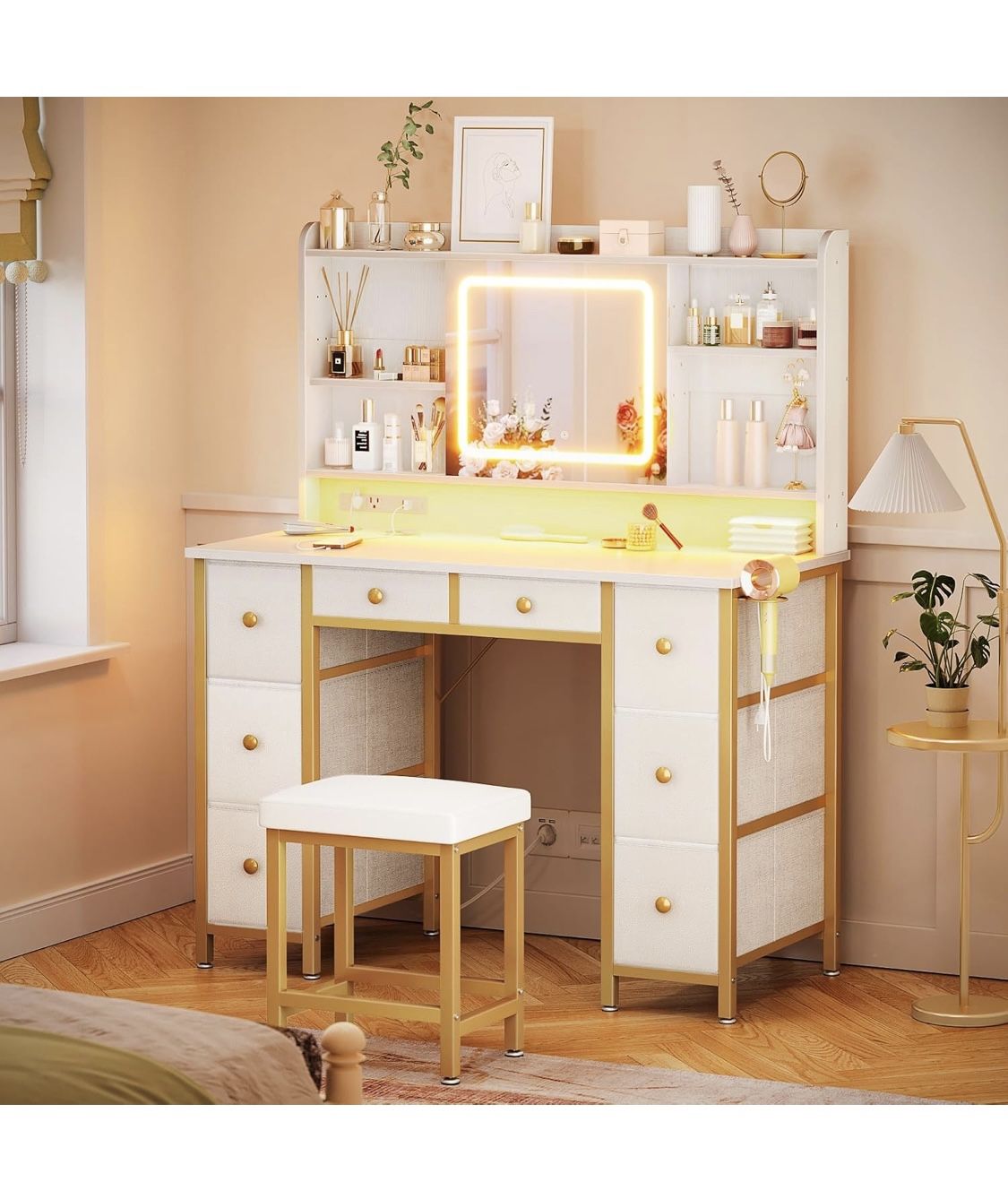 AODK 44" Vanity Desk with Mirror and Lights, White Makeup Vanity Desk with 8 Fabric Drawers and RGB