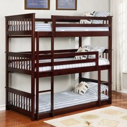 HH 4100 Triple Twin Size Bunk Bed in Cappuccino Color

