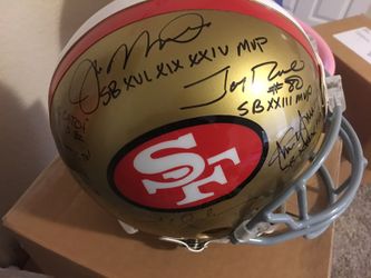 Crystamas Joe Montana %26 Jerry Rice 24K Gold Helmet with Signatures