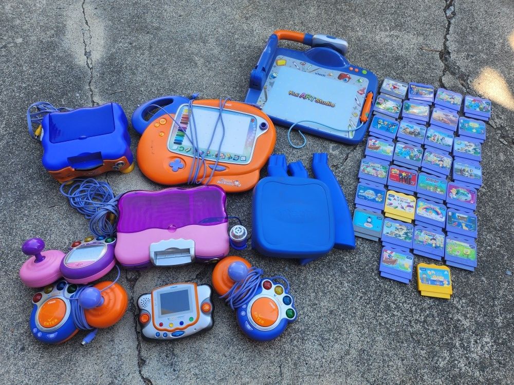 Huge Vtech Set - 2Video Game Systems, Games, Draw Art Studio With Chair, VSmile Portable, Joysticks 30 Games. Works