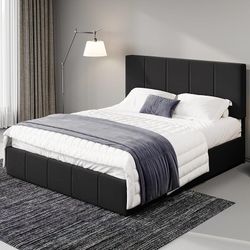 Queen Size Dutch Velvet Upholstered Platform Bed Frame/Vertical Channel Tufted Adjustable Headboard/Low Profile Bed Frame/No Box Spring Nee