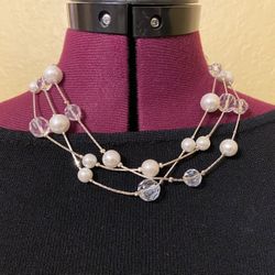 Silver tone Necklace Costume W/pearls And Clear Beads