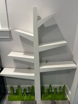 White Babyletto Tree bookshelf w/ green grass bookholders
