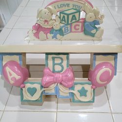 HOMECO NURSERY WALL SHELF BABY’S ’s DECOR ABC BLOCKS BALLOONS BOWS AND WALL PLAQUE 1990’s Vintage