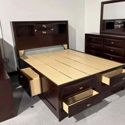 Emily Dark Cherry Storage Platform Bedroom Set Queen Or King Bedroom Set.     Bed, Dresser, Mirror, Nightstand, Chest 