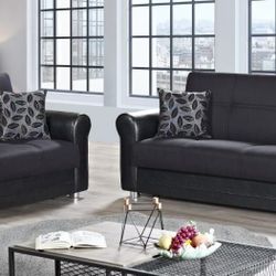 NEW BLACK PU SOFABED AND LOVESEAT WITH STORAGE