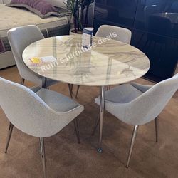 5-pc Round Dining Set White Faux Marble Table Top With Grey Fabric Upholstered Chairs