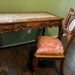 Vintage Set Of Wood Carved Desk With Marble Top And  Chair 