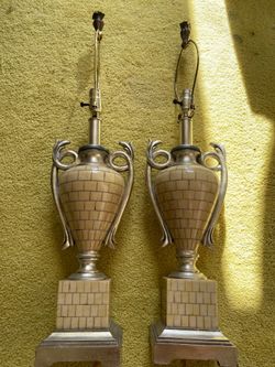 Vintage Hollywood Regency Bone Inlay Tiled Urn Table Lamps – Pair