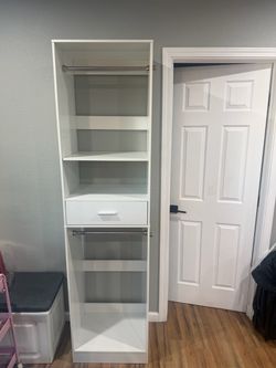 White Freestanding Closet Organizer w/ Hanging Rods, Shelves & Drawer