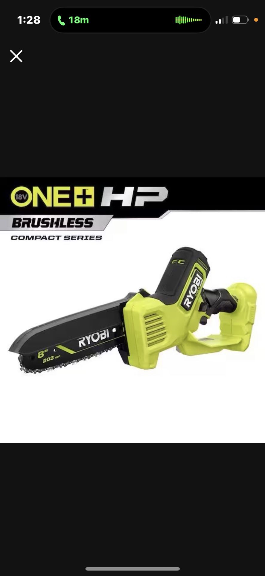 RYOBI 18V Brushless Compact Chainsaw, 8 in
