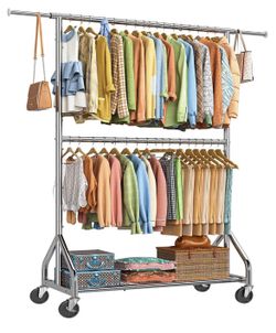 Heavy Duty Clothes Rack, Double Rod Clothing Rack with Wheels & Shelf, Rolling Garment Rack for Hanging Clothes, Adjustable Freestanding Wardrobe Clos