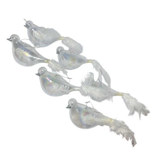 Glass Ornament Birds with Feather Tail White and Clear Set (6)