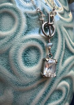 Antique Sterling Silver Rock Crystal Necklace CZ Cushion Cut Toggle 18” Pendant Choker