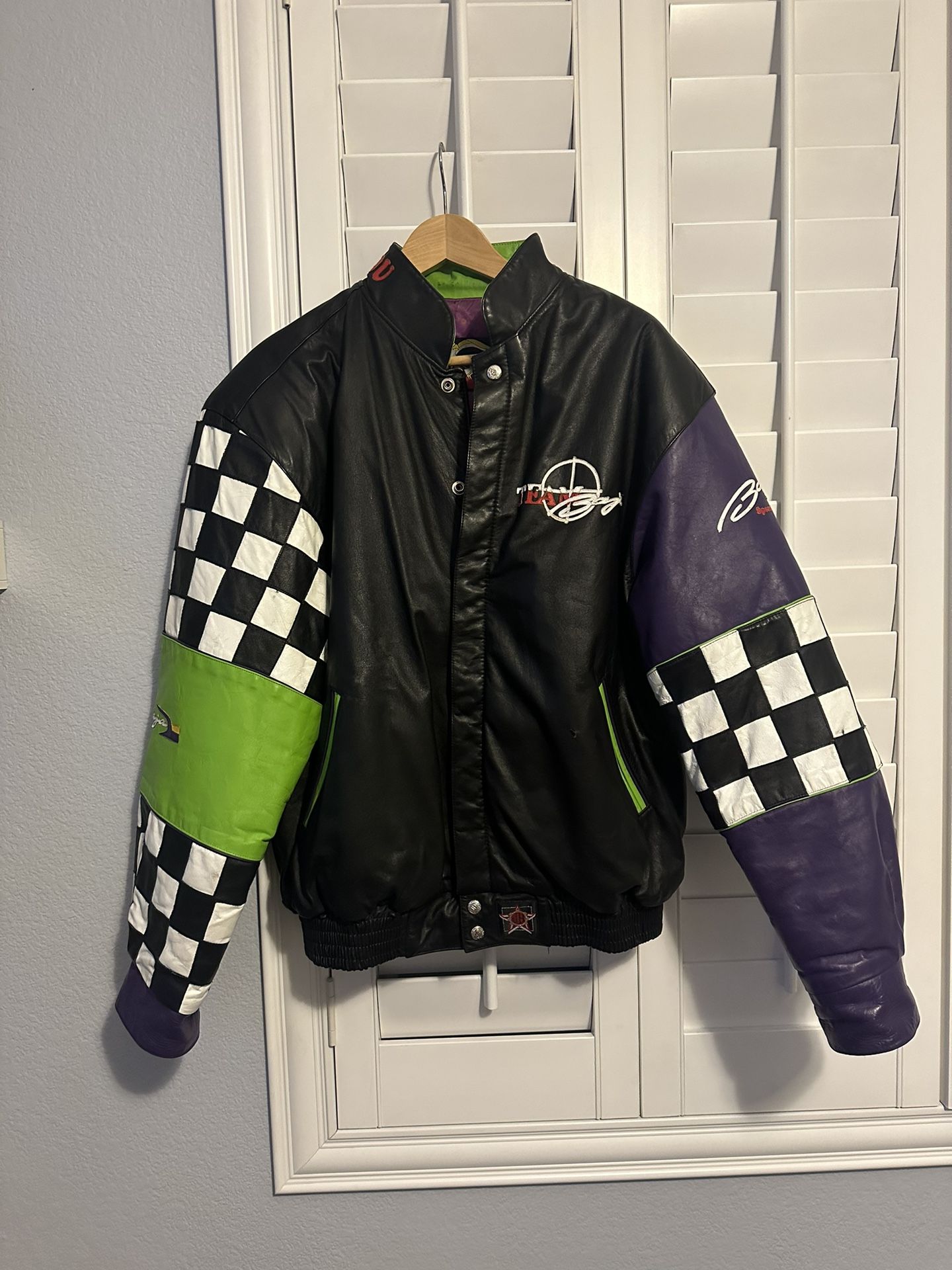 VTG 90s RARE JEFF HAMILTON MULTICOLOR TEAM BAJA LEATHER JACKET SIZE L