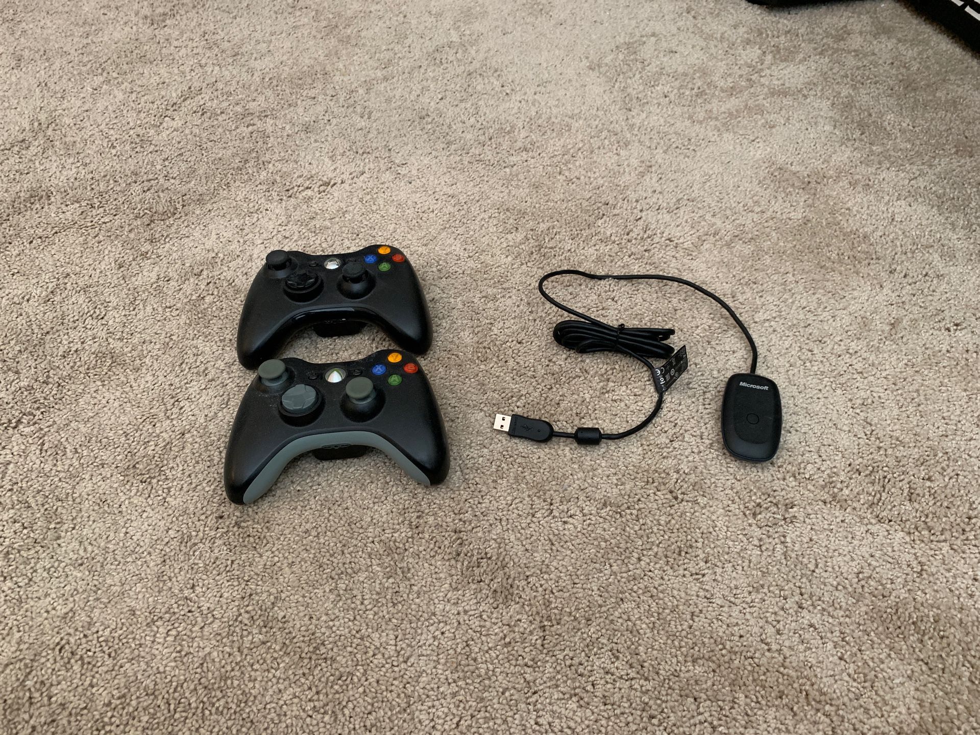 Two XBOX 360 wireless controllers and USB receiver for PC