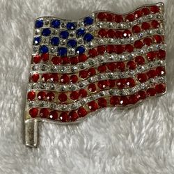 Rhinestone Covered American Flag Pin/Brooch Silver Tone Patriotic 1 3/4” Wide