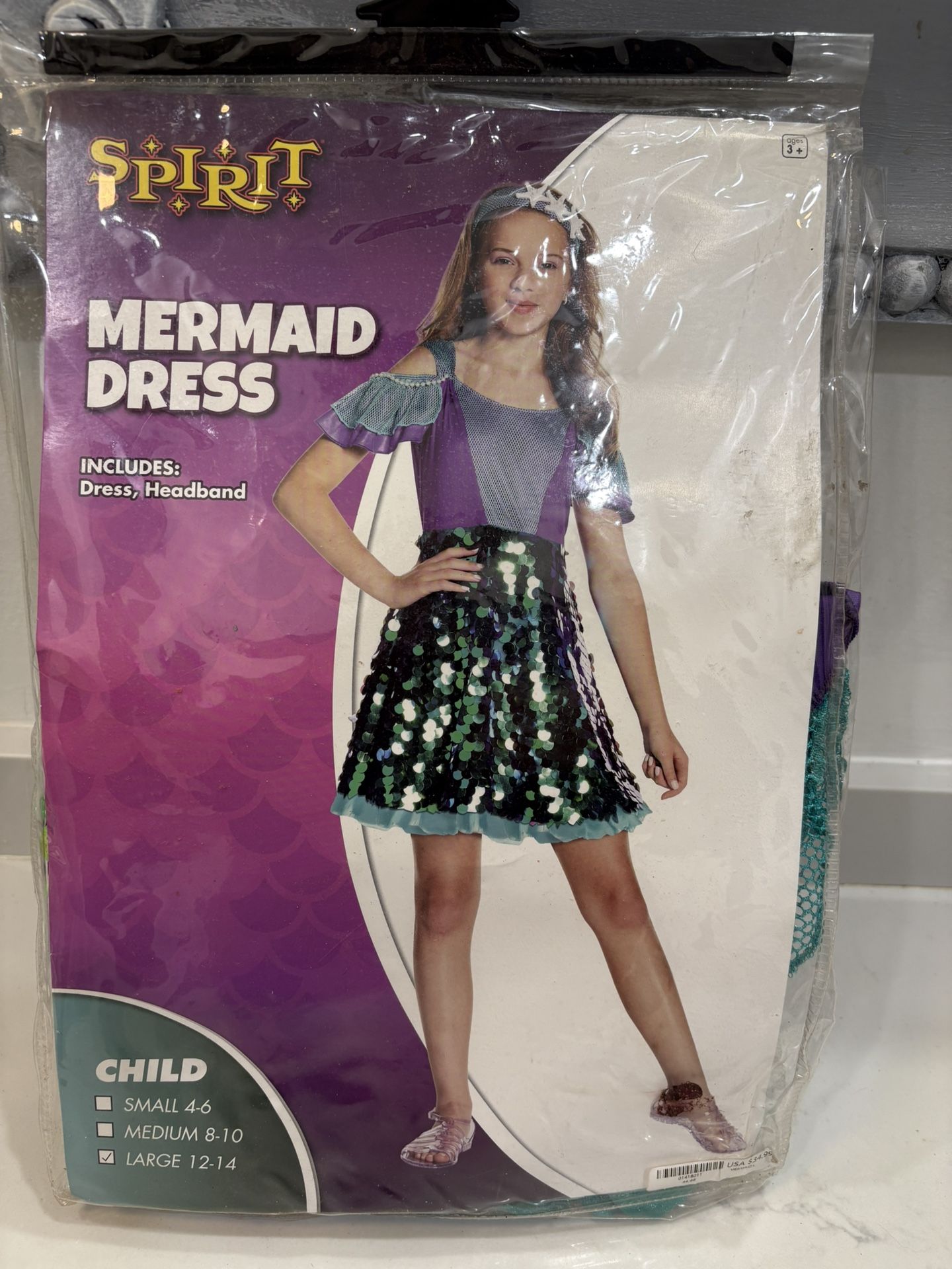 New Spirit Halloween Child’s Mermaid Dress Costume Size L 12/14