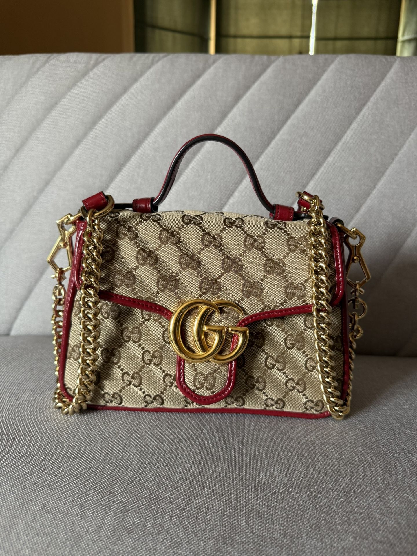 Authentic GUCCI GG Marmont Mini Top Handle Tote Bag – Beige/Red
