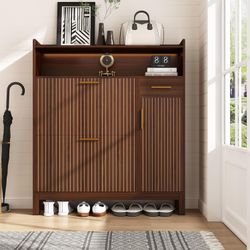 43-inch shoe cabinet storage with power outlet and LED light, with drawers and closed-door shoe storage43" Shoe Cabinet Storage with Power Outlet & LE
