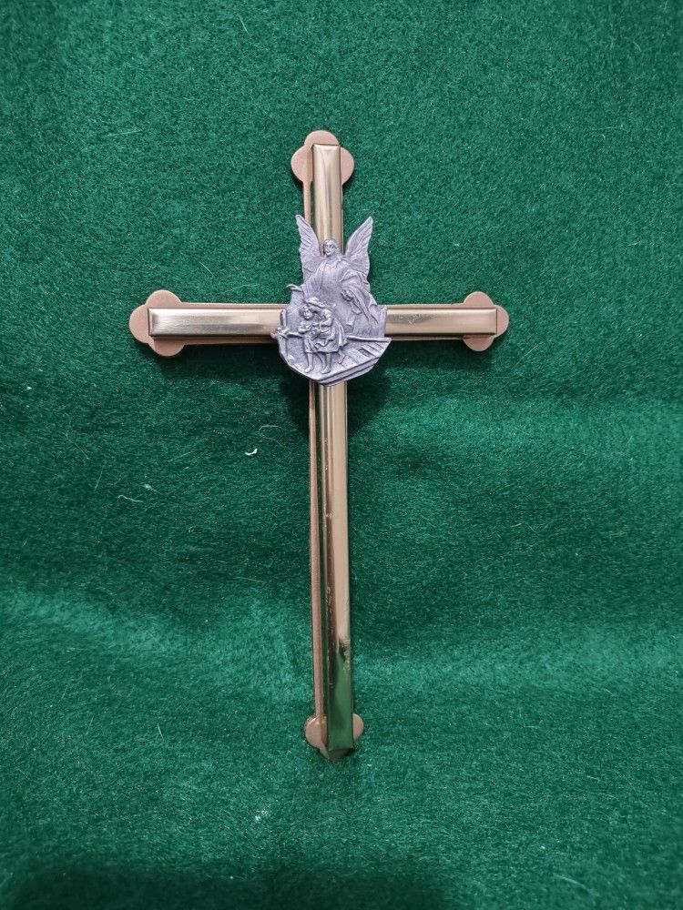 Brass & Pewter Wall Cross 6" Guardian Angel Stations of Cross Roman Numerals
