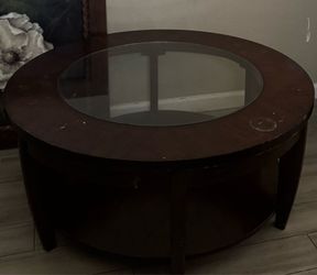 Round Wood Coffee Table with Glass Top – Dark Espresso