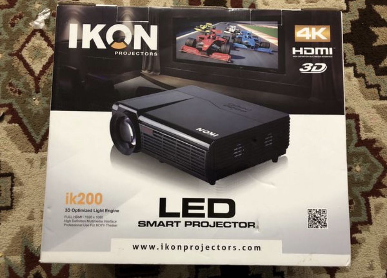 BRAND NEW IKON ik200 LED SMART PROJECTOR 4K ULTRA DISPLAY/3D HDMI WITH BRAND NEW STILL IN BOX 72” SELF LOCKING SCREEN. GOOD DEAL AND BEST GIFT!!
