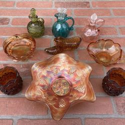 Vintage depression Glass, Decanters, And Candle Holders 