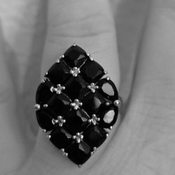 Genuine Cushion Cut Black Spinel Cluster Ring in .925 Sterling Silver. Size 7.