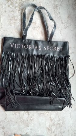 Victoria's Secret Limited Edition Black Faux Leather Fringe Tote Bag New