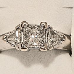 14k White Gold Three Stone Diamond Ring, Princess Cut