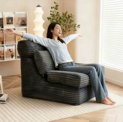 2-in-1 Convertible Corduroy Lounge Chair & Chaise – Adjustable Floor Sofa Bed with Ottoman, Dark Gray