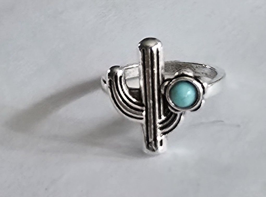 BEZEL SET TURQUOISE CACTUS DESIGN NEW QUALITY TITANIUM FOREVER SILVER SIZE 7...