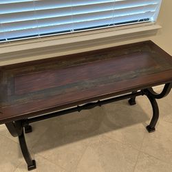Walnut Entry Table with Tile Inlay Top & Metal Base