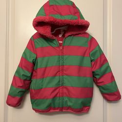 Hanna Andersson pink/green stripe reversible sherpa jacket 90 (3T) VGUC