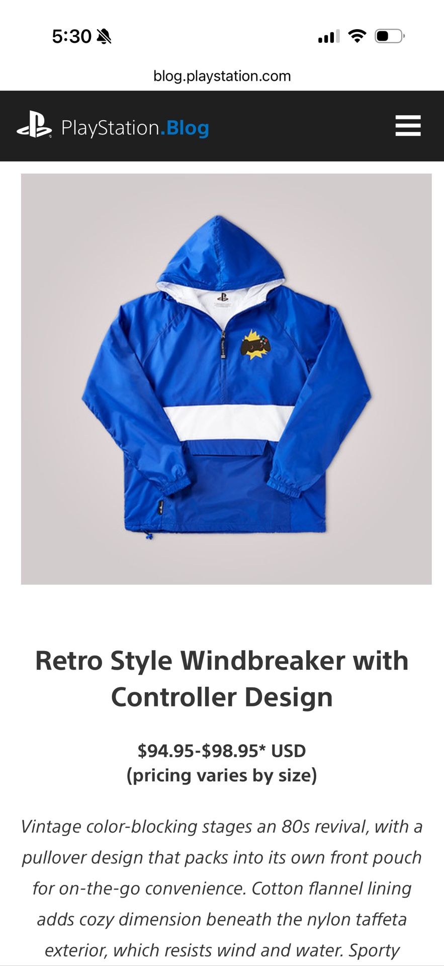 Brand New Playstation Retro Style Windbreaker/Hoodie with Controller Design