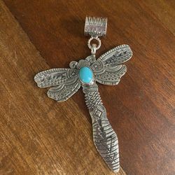 Beautiful Large Sterling And Turquoise Dragonfly Pendant 