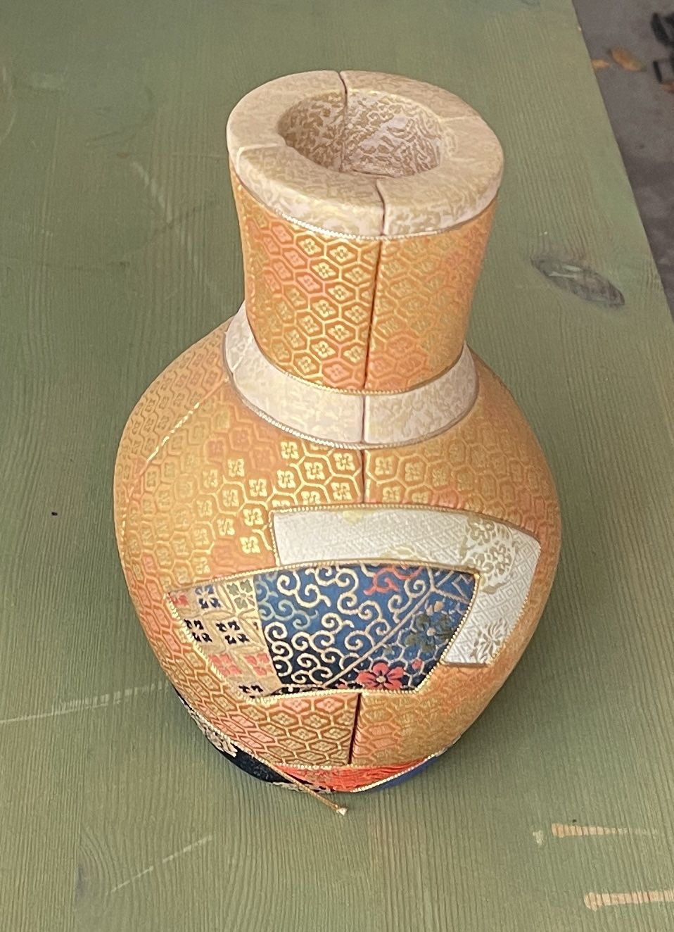 Japanese 8" wood vase with silk covering