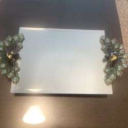 Enamel And Rhinestone Pewter Peacock Mirror Vanity Tray