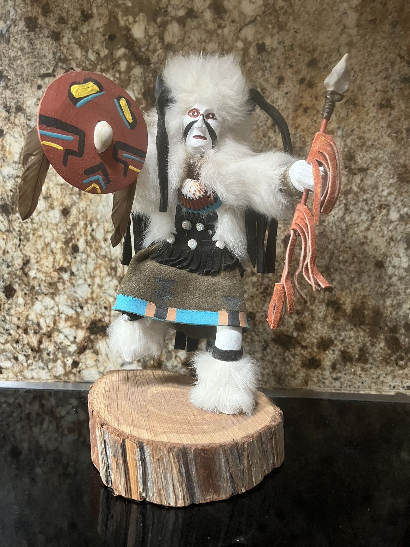 Kachina doll fine workmanship Leather and fur Signed by artist 11 inches high