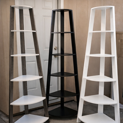 Pemberly Row Corner Etagere Bookshelf, 5-Tier Ladder Shelf, 71 in Height, Black Laminate Finish, Modern Design, Fixed Tray-Style Shelves, Space-Saving